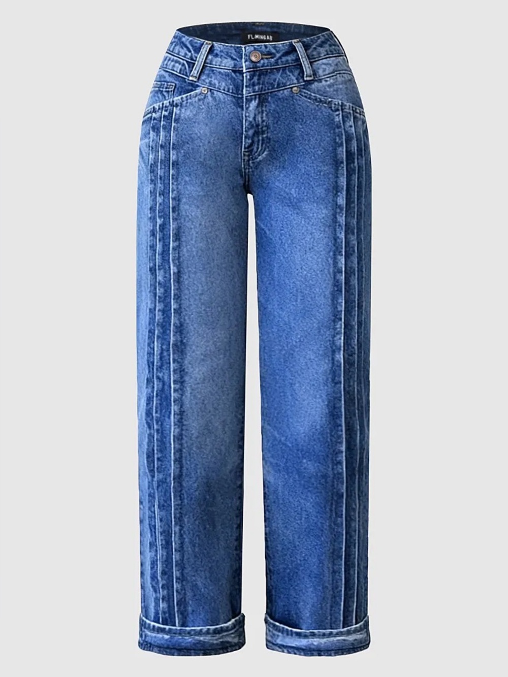 Flamingals NWT Wash Pleated High Rise Straight Leg Crop Jeans Mid Blue Size S